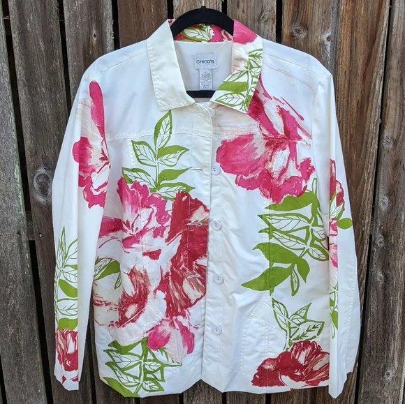 Chico's 3 Jacket Blazer Pink White Watercolor 16 - Picture 6 of 6
